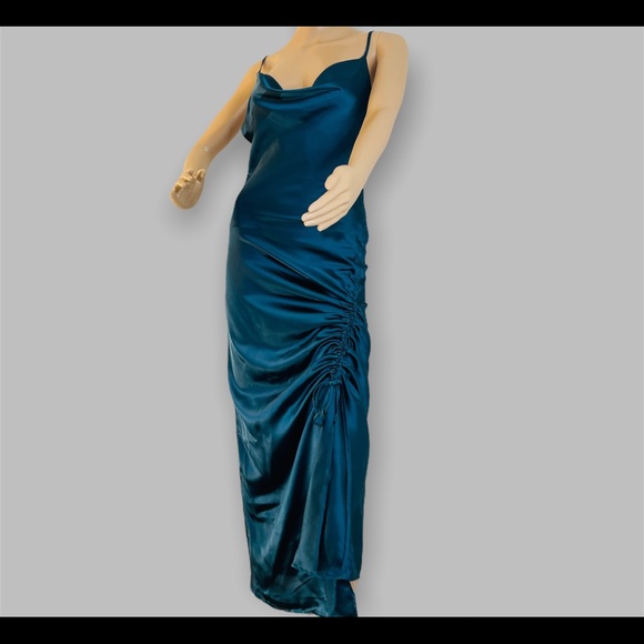 Sexy Split Ruched Women’s Navy Blue Satin Body Dress New - Picture 11 of 11